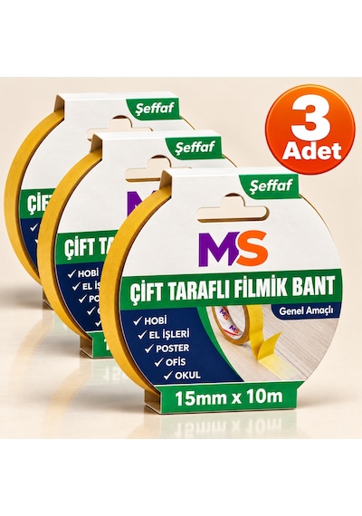 3 Adet Çift Taraflı Filmik Bant 15 Mm X 10 Metre Şeffaf Yapışkanlı Hobi Bandı El Çok Amaçlı Bantları