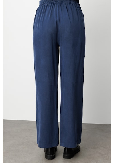 Mizalle Geniş Paça Beli Lastikli İndigo Mavi Cupro Pantolon Indigo