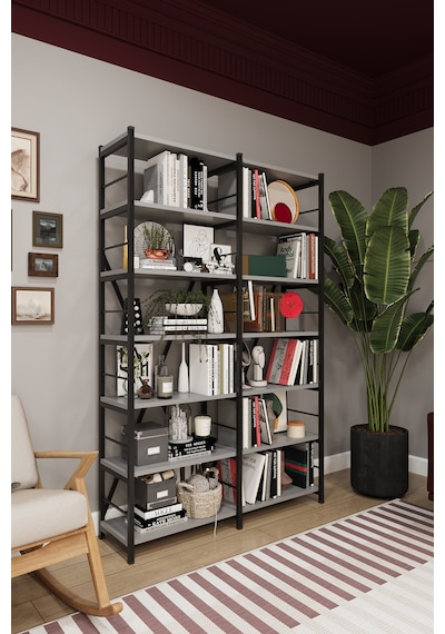 Asra Trend 6 Raflı Metal Kitaplık METALK02 %100 MDF İki Modüllü Geniş Kütüphane Kül Gri Asra Trend 6 Raflı Metal Kitaplık METALK02 %100 MDF İki Modüllü Geniş Kütüphane Kül Gri