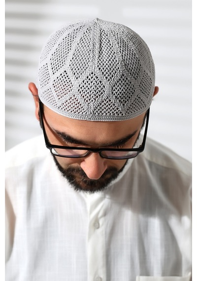 Makine Örgüsü Dantel Detaylı Namaz Takkesi Gri Gri