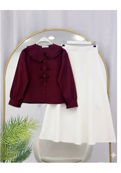 Lovie Moda Kadın Şal Yaka Gömlek Fiyonk Detaylı Etekli Takım - Bordo