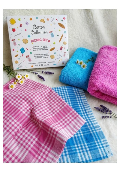 Elegancehome Renkli Piknik Ve Mutfak Seti 4 Lü %100 Pamuk Kurulama Bezi Ve Yumuşak Havlu Seti Mavi Pembe Çok Renkli