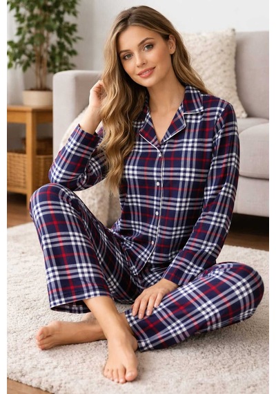 Tenra Kadın Pijama Takımı Boydan Düğmeli Likralı Viskos Kumaş Lacivert