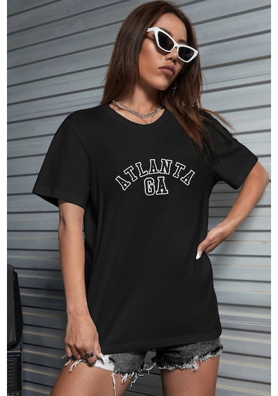 Unisex Atlanta Baskılı Tasarım T-shirt SIYAH
