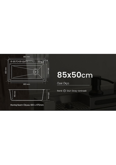 Gl General GLPR 8550 Gun Maxi Antrasit Akıllı Şelale Eviye Antrasit 85 x 50