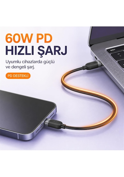 Usb-c To Usb-c Silikon Hızlı Şarj Ve Veri Kablosu, 60w Pd 480 Mbps, Yumuşak Ve Dolaşmaya Dirençli, Telefon Tablet Laptop Uyumlu, 1 Metre, Siyah