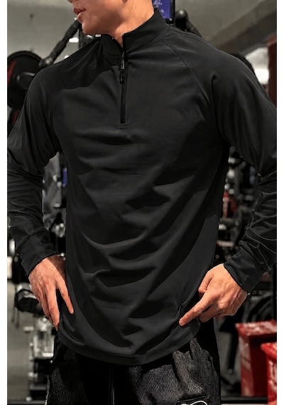 Genius Store Erkek Yarım Fermuarlı Compression Uzun Kol Spor Tişört Ve Fitness Tişörtü Dalgıç-uzun Siyah
