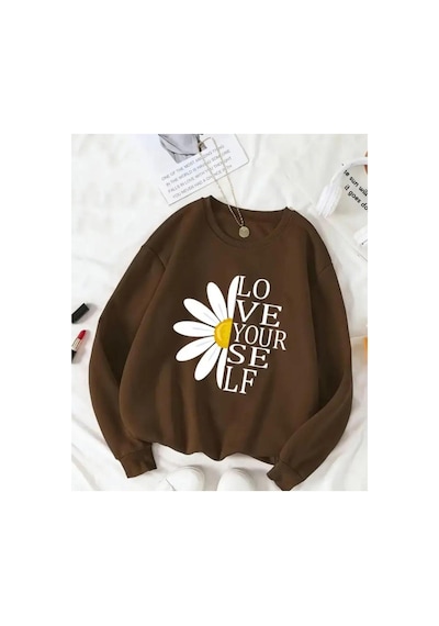 Herkesemoda Papatya Baskı Detaylı Bisiklet Yaka İçi Polarlı Sweatshirt Kahverengi