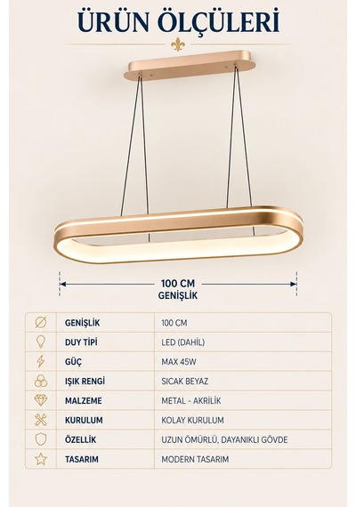Modern Premium 3 Renkli Ledli Sarkıt Uzun Avizesi Salon Mutfak Yemek Masası Üstü Şık Modelleri 45w Gold
