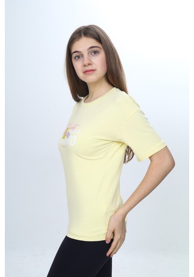 Toontoy Kids Toontoy Kız Çocuk Bisiklet Yaka Düşük Omuz Kısa Kollu Baskılı Tişört 24971 Açık Sarı