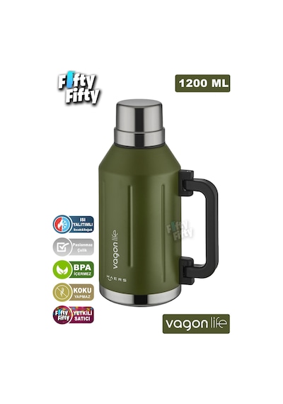 Vagonlife 1.2 Litre Bardaklı Kullanım Kulplu Paslanmaz Çelik Termos-ffvgn1004-1200ml Yeşil