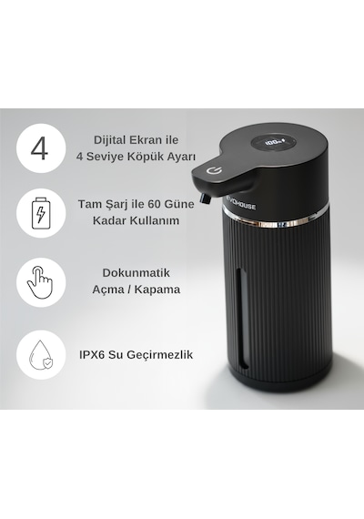 Evo House Otomatik Sensörlü Köpük Sıvı Sabunluk - Şarjlı- Dijital Led Ekran - Duvara Monte - E15 Model Siyah