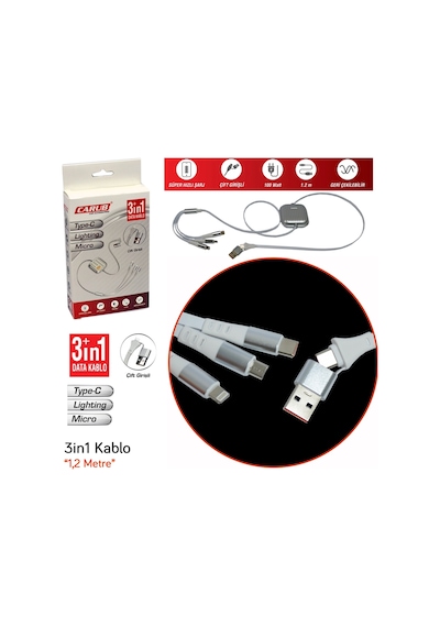 Carub Şarj Kablosu Ayarlı 3in1 Usb+type-c+lightning Çift Giriş 1,2 Mt 100w Br5901869