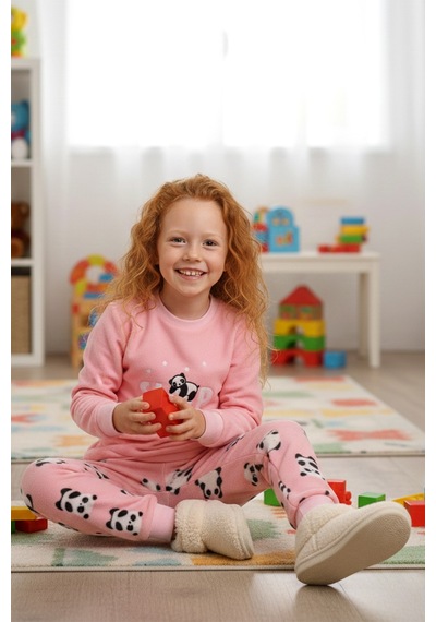 Kız Çocuk Kadife Polar Desenli Pijama Takımı 1679 Pembe02 Pembe02