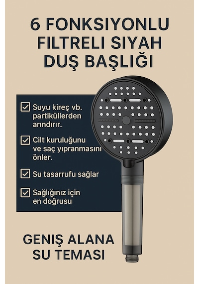 Pureflow 6 Fonksiyonlu Filtreli Duş Başlığı Su Tasarrufu Kireç Önleyici Su Arıtıcı Siyah