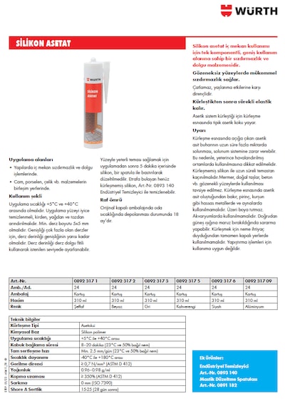 Würth Beyaz Silikon Asetat 310 Ml