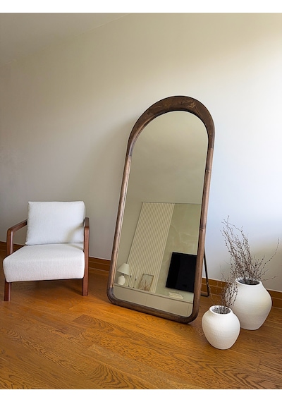 Effe Doğal Ahşap Çerçeveli 180x80 Cm Ceviz Oval Ayakli Boy Aynasi