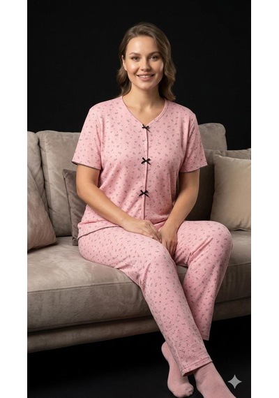 Sleeproom Yazlık Pembe Siyah Zeytin Dalı Desenli Kısa Kol Penye %100 Pamuk Pijama Takım