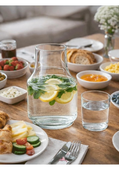 Bardaklı Borosilikat Cam Sürahi 1.75 Litre Isıya Dayanıklı Şeffaf Su Ve Soğuk İçecek Sürahisi Şeffaf