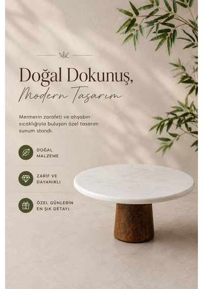 Yuvarlak Akasya Ayaklı Mermer Kahvaltılık Sunumluk Sunum Tabağı 25 Cm Beyaz