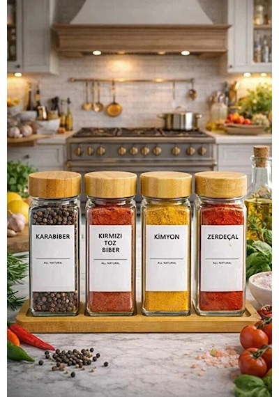 4 Lü Baharatlık Set Stantlı Bambu Kapaklı Etiketli Cam Kare Formlu Baharatlık Takımı Serpme Başlıkl Çok Renkli