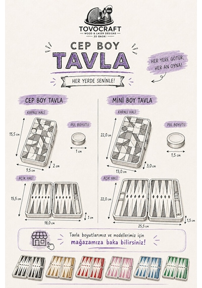 Cep Boy Tavla 18x15.5 Cm Seyahat Tavlası Geometrik Desenli Çanta