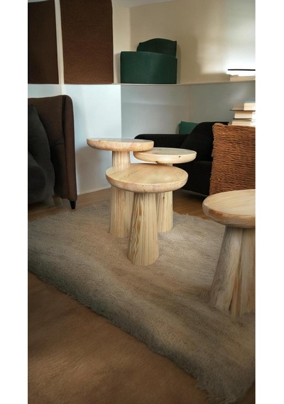 3 Lü Set Wood Wooden Minimalist Mantar Yan Sehpa Ahşap Modern Natural Ahşap