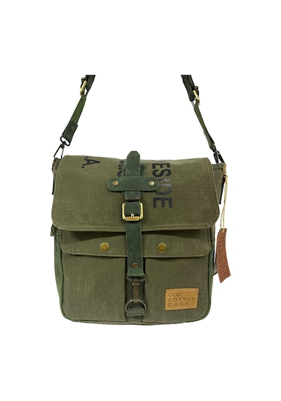 Old Cotton Cargo Vintage Baskılı Su Geçirmez Kanvas Deri Unisex Postacı Omuz Çantası 29 Cm X 30 Cm Haki
