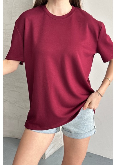 Balenbi Kadın Modal Bisiklet Yaka Basic Yarım Kollu T-shirt 1211 Bordo