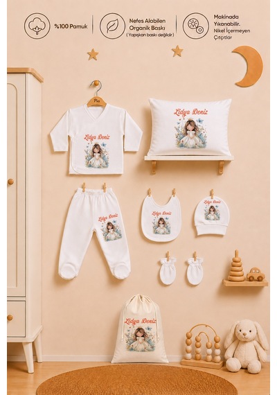Pia Baby Kız Bebek Hastane Çıkışı Hediye Seti 8 Parça Zıbın Set %100 Pamuk Battaniye Yastık Ve Kese 1078zybk3x Krem