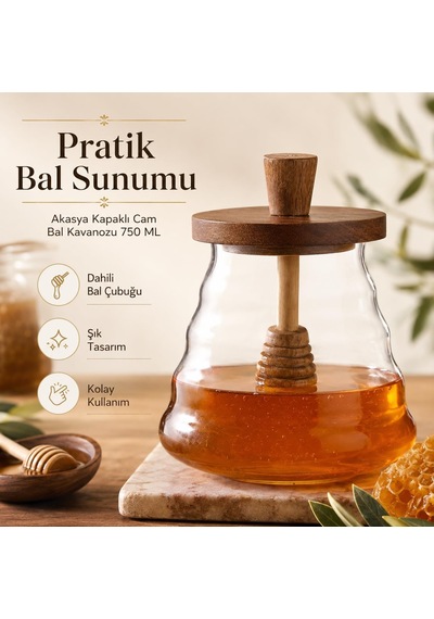 Lexroo Kaşıklı Akasya Kapaklı Cam Bal Kavanozu 750 Ml Şık Sunumluk Çok Renkli