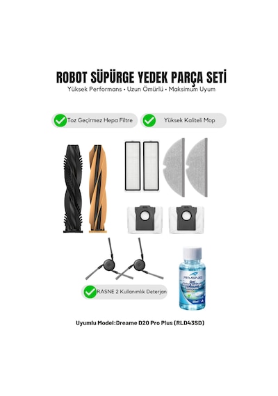 Dreame D20 Pro Plus Rld43sd İle Uyumlu 1 Ana Fırça 2 Yan Fırça 2 Filtre 2 Mop 1 Deterjan 2 Toz Torbası 7.0