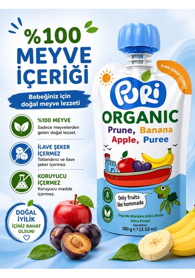 Organic %100 Organik Meyve Püresi Mürdüm Erik Muz Elma 100 G İlave Şekersiz