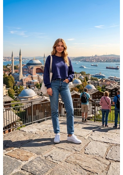 Luxıc Core Kadın Crop Bisiklet Yaka Sweatshirt Pamuklu Yumuşak Dokulu Günlük Spor Sweatshirt Mavi
