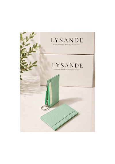Lysande Hakiki Deri Fermuarlı Anahtarlıklı Kartlık Cüzdan Rfıd Korumalı İnce Tasarım Unisex Mint Yeşili