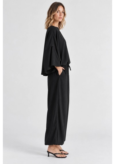 Mevese Rahat Kesim Modal Takım - Yarasa Kol Oversize Bluz Ve Geniş Paça Şalvar Pantolon - Siyah