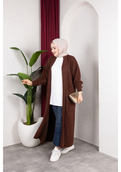 Hira Life Fashion Kadın Şal Yaka Uzun Triko Ve Sakallı Tüylü Hırka Kahverengi Kahverengi