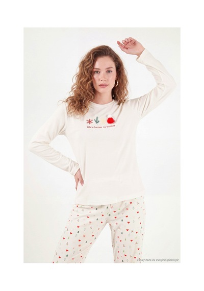 Lela Desenli Yumuşak Dokulu Uzun Kollu Pijama Takımı Kadın Pijama Takımı 6575016 Krem