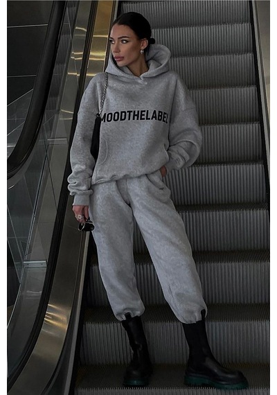Mood The Label Kışlık Eşofman Takımı - Gri Baskılı Kapüşonlu Oversize Şardonlu Gri