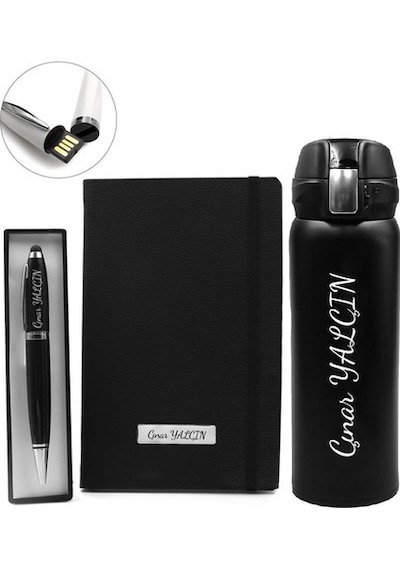 Kişiye Özel Kilitli Çelik Termos & 32 Gb Siyah Usb Touchpen Kalem