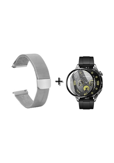 Forzacase Huawei Watch Gt4 46mm İçin Metal Mıknatıslı Kordon Kayış + Ekran Koruma Filmi - Fc096 Gümüş