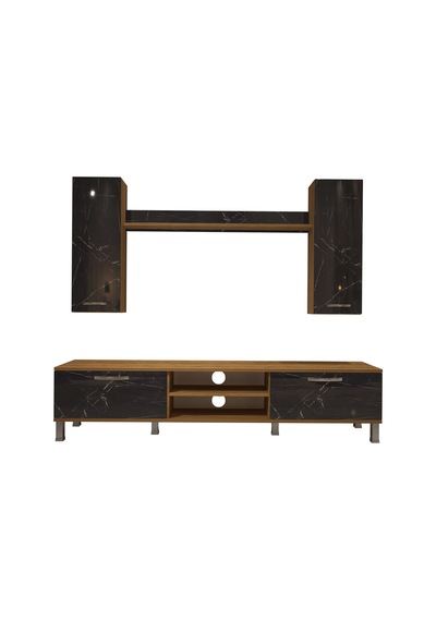 Decoraktiv Eko 5d Mdf Dvd Krom Ayaklı Tv Ünitesi Tv Sehpası Pera - Siyah Mermer