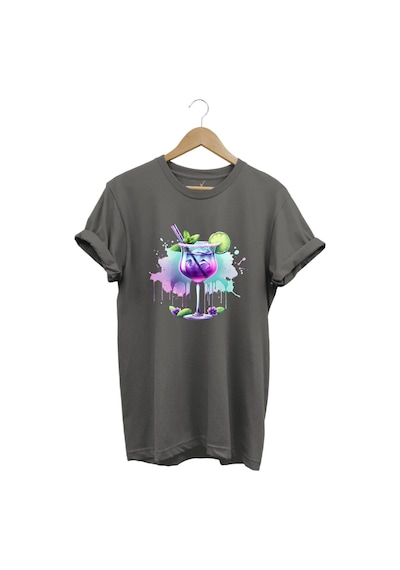 Tropik Kokteyl Temalı Renkli Yaz Baskılı %100 Pamuk Unisex Regular Fit T-shirt Gri