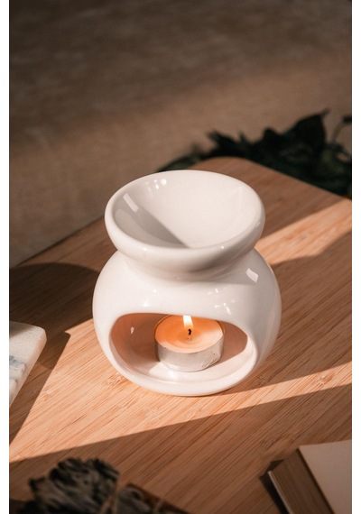 Lotus Desenli Seramik El Yapımı Beyaz Buhurdanlık-3214