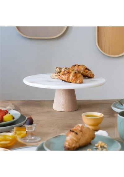 Akayev Mermer 28 Cm Konik Ahşap Ayaklı Beyaz Yuvarlak Sunum Tabağı Çok Renkli