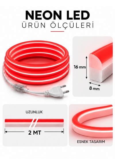 Borsan 2 Metre Kırmızı Neon Led 220v Tak Çalıştır Ip65 Esnek Hortum Led Ultra Parlak Iç Dış Mekan Dekoratif Aydınlatma Montaj Aparatı Dahil