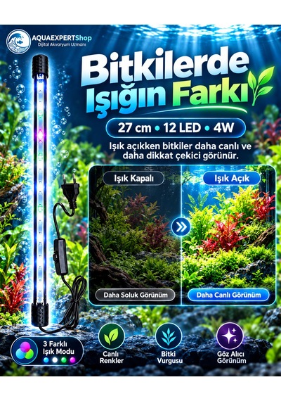 Akvaryum Işığı - Balık Işığı - Bitki Işığı - 27 Cm - 12 Led - Tamamen Su İçinde Kullanılabilir - 3 Modlu - 4w - Mükemmel Işık
