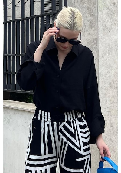 Madmext Siyah Uzun Kollu Oversize Gömlek Mg2003-siyah Siyah