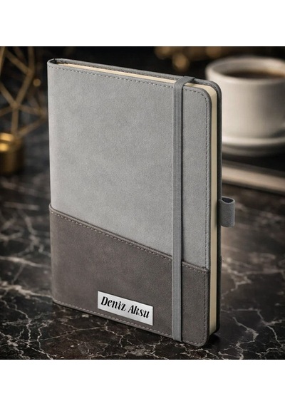 Bk Gift Kişiye Özel Gri Termo Deri Defter -18, Kartvizit Bölmeli, Çizgili Ivory Kağıt Kobitmeyencom36071 Bk Gift