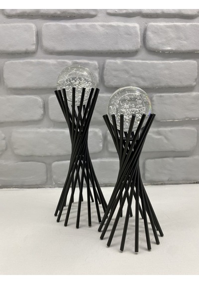 Siyah Metal 2'li Set Salon Burgu Kristal Baloncuklu Camlı Dekor 1 Takım